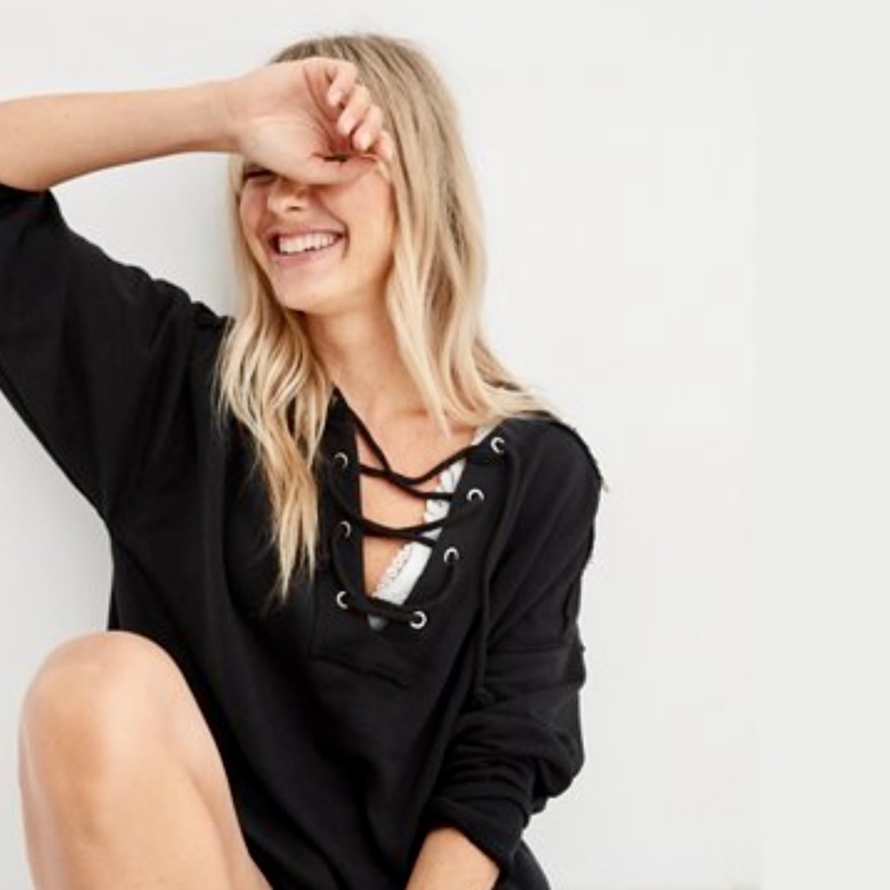 Aerie Lace Up Sweatshirt Black Medium M AE American Eagle